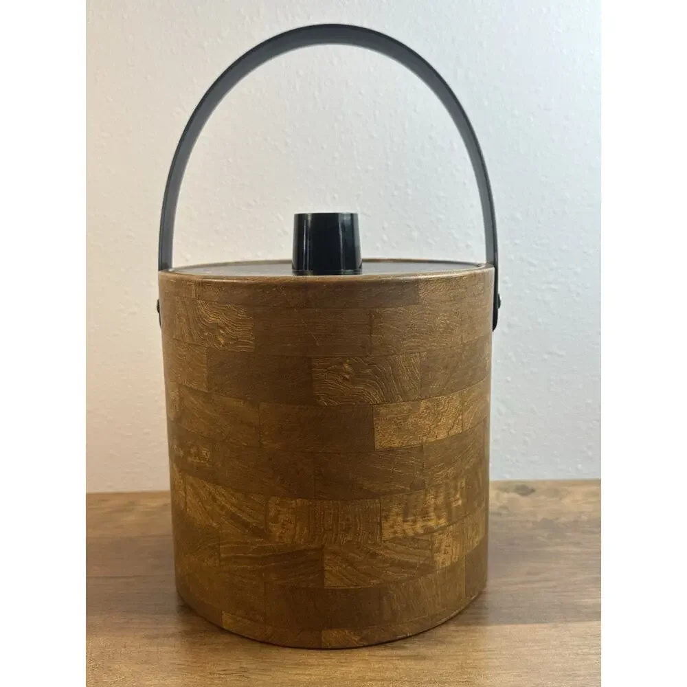 Vintage Irvinware Wood Grain Ice Bucket Black Lid Handle Made USA